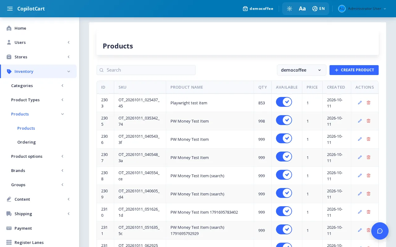 The back office product catalog for a store